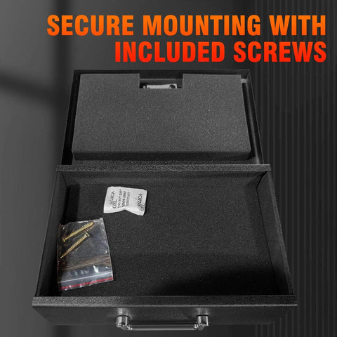 Open Portable Fireproof Document Safe Box With A 3 Digit Combination Lock showing interior with mounting screws and manual inside.