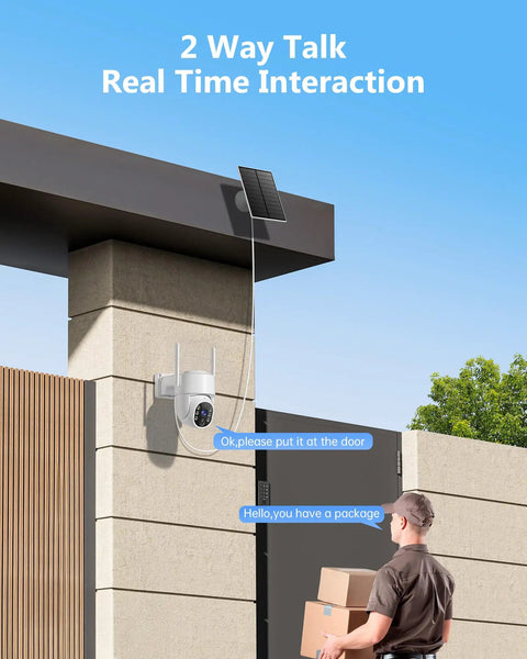 5G Solar Wireless Security Cameras Outdoor, 2K Home Surveillance With Color Night Vision, 2-Way Audio, PTZ Zoom, installed on gate