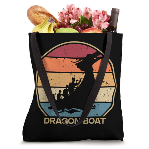 Paddler And Drummer Lover Dragon Boat Tote Bag For Team Crews featuring dragon design, filled with groceries and flowers.