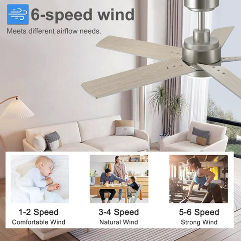 52 Inch Brushed Nickel Ceiling Fan With Integrated Light And Remote Serving Up Chill Breeze And Reversible Wood Blades For Living Rooms Or Patios A Solid Fit For Any American Household Setup, showcasing 6-speed wind settings.