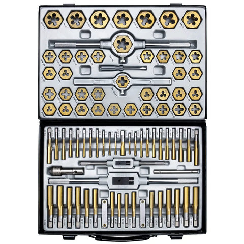 All In One Pro Grade Master Tap And Die Set With Premium Titanium Coating for SAE and Metric Threads from M3 to M16 in metal case