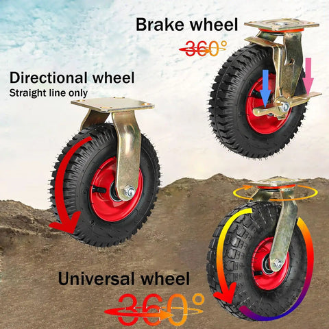 Heavy Duty Rubber Swivel Caster Wheels Two Pack showing brake, directional, and universal wheels with locking mechanisms.