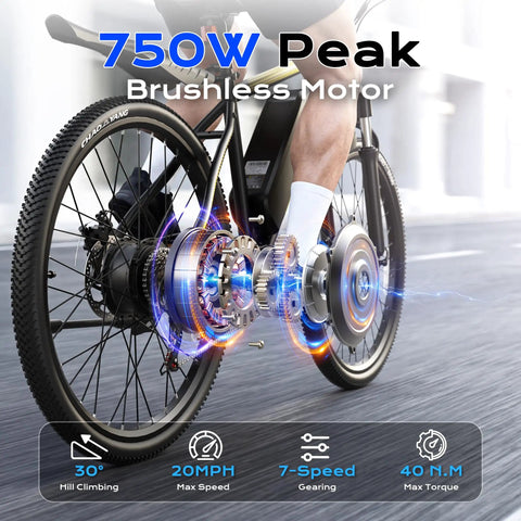 Beast 750W Peak Electric Mountain Bike with 48V battery, close-up of rear wheel and motor, black and yellow frame, 26 inch