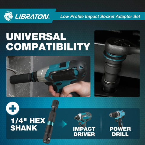 Low Profile Impact Socket Adapter Set in use with impact driver and power drill showcasing universal compatibility and 1/4" hex shank.