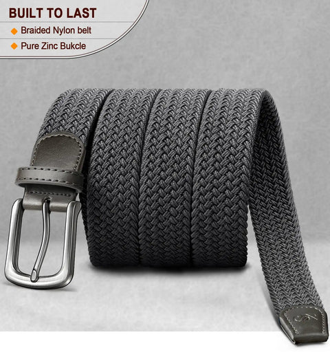 Men's Golf Belt Braided Woven Stretch Belt Multi Pack Gift Ready Casual Jeans Sports And Work Fully Adjustable With Direct Lock In Strap For All Day Comfort Beige And Dark Gray Color Options 1 3 Eighths Inch Waist Fits 36 To 40 Inches dark gray braided nylon belt with zinc buckle