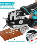 Hand demonstrating Beefy Heavy Duty Leather Hole Punch Set With Six Hole Sizes 2mm 2.5mm 3mm 3.5mm 4mm 4.5mm on leather