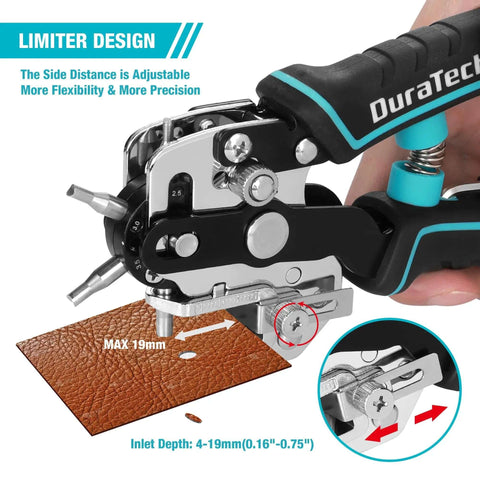 Hand demonstrating Beefy Heavy Duty Leather Hole Punch Set With Six Hole Sizes 2mm 2.5mm 3mm 3.5mm 4mm 4.5mm on leather