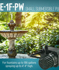 Submersible Direct Drive Fountain Pump 115V 170 GPH shown next to a garden fountain in lush greenery
