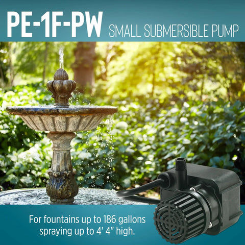 Submersible Direct Drive Fountain Pump 115V 170 GPH shown next to a garden fountain in lush greenery