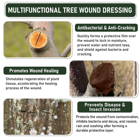 Instructional image showcasing Pro Grade Heavy Duty Tree Wound Sealer And Dressing 500G benefits for bark healing and protection.