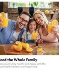 Family enjoying fresh juice made with Hurom H70 Cold Press Juicer Easy To Clean Masticating Slow Juicer Ideal Balance Strainer Free Hands Free.