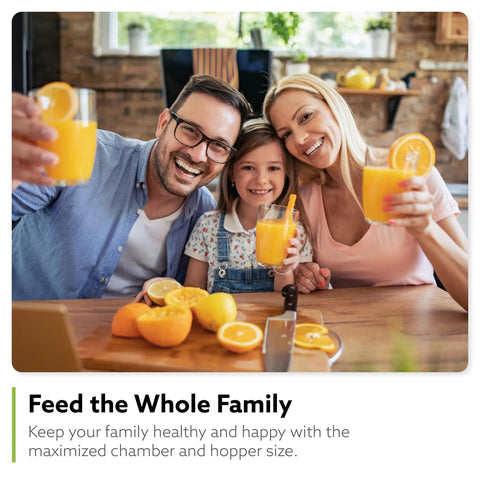Family enjoying fresh juice made with Hurom H70 Cold Press Juicer Easy To Clean Masticating Slow Juicer Ideal Balance Strainer Free Hands Free.