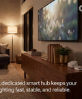 Living room with Smart Dimmer Switch Kit With Hub And Pico Remote, wooden console, and floor lamp, nighttime setting.