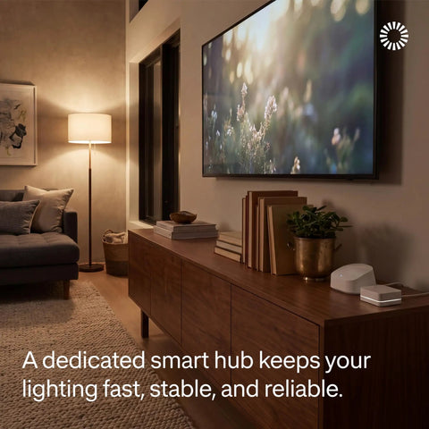 Living room setup with Caseta Smart Dimmer Switch Starter Kit with Smart Hub on a wooden cabinet, cozy lighting.