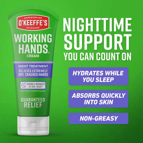 O'Keeffe's Working Hands Night Treatment Hand Cream For Extremely Dry And Cracked Hands, 7 oz tube on green background