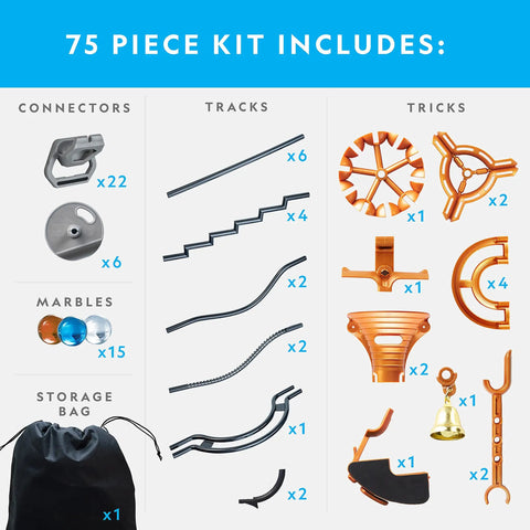 Contents of Magnetic Marble Run 75 Piece STEM Building Set with connectors, tracks, trick pieces, marbles, and storage bag