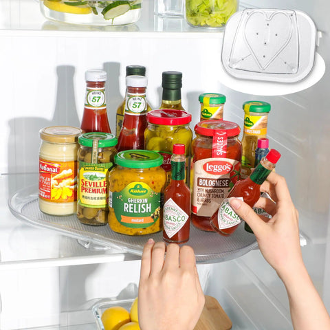Lazy Susan Organizer For Refrigerator And Kitchen Turntable 14.56 Inch by 11 Inch with condiments in fridge