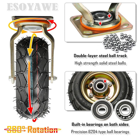 Rock Hard Heavy Duty Pneumatic Rubber Swivel Caster Wheels With Parking Brakes showing 360-degree rotation and steel ball bearings.