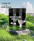 Golf Club Polish And Cleaner Kit Three In One Rust Scuff And Stain Remover For Aluminum Metal Zinc And Steel Restores Shine And Smooth Feel To Your Clubs For A Deep Clean That Brings Back Factory Gloss And Gives Your Clubs A Serious Shine On The Range Or. 10oz jar on grass with golf balls