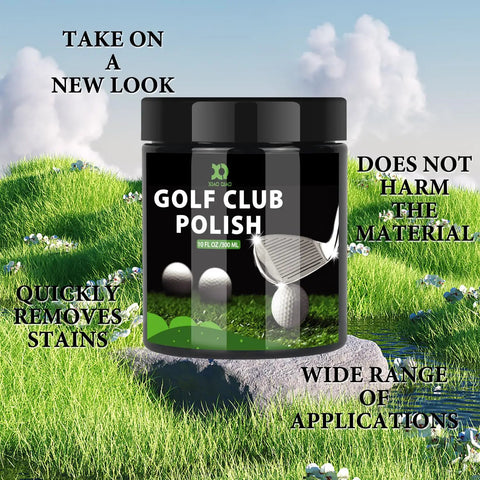 Golf Club Polish And Cleaner Kit Three In One Rust Scuff And Stain Remover For Aluminum Metal Zinc And Steel Restores Shine And Smooth Feel To Your Clubs For A Deep Clean That Brings Back Factory Gloss And Gives Your Clubs A Serious Shine On The Range Or. 10oz jar on grass with golf balls