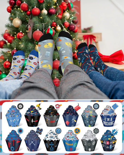 Twelve Pairs Men's Mechanic Socks Gift Set With Dope Cupcake And Gear Patterns in Christmas setting with wrench-themed designs