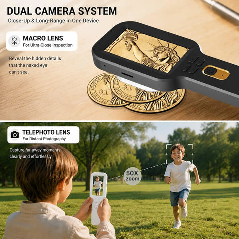 500X Handheld Digital Microscope With 3-Inch HD IPS Display For Coins Jewelry Stamps And Tiny Details Dual Lens Auto Focus Portable Close-Up Magnifier Kit Must-Have, close-up on coin