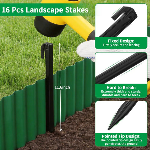 Flexible 6 Inch Corrugated Landscape Edging Kit, 29.5 Feet Long With 16 Stakes, showcasing installation with hammer and features