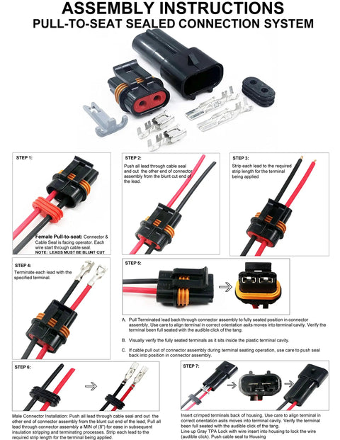 Assembly instructions for 2 Pin Waterproof Auto Connector Kit For 10 To 12 AWG Wiring With Seals, with step-by-step guide and components.