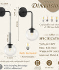KoKo&Yukina 2 Pack 6" Black Modern Wall Sconces for Bedroom Bulb Included dimensions illustration with specs and design details.