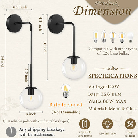 KoKo&Yukina 2 Pack 6" Black Modern Wall Sconces for Bedroom Bulb Included dimensions illustration with specs and design details.