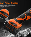 Powerful 20V Brushless Cordless Angle Grinder with dust-proof design shown in close-up of 20V battery and filter