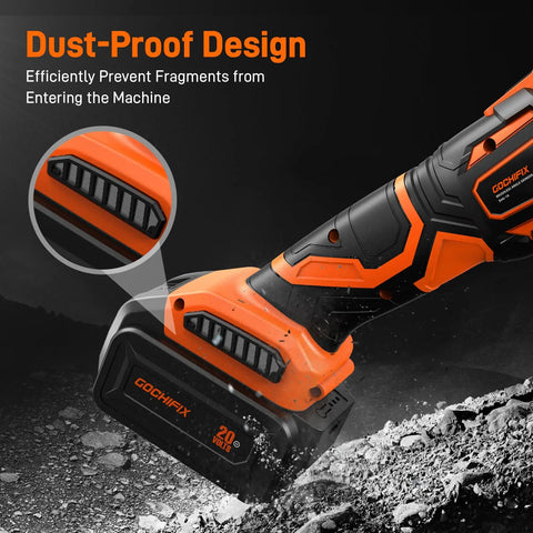 Powerful 20V Brushless Cordless Angle Grinder with dust-proof design shown in close-up of 20V battery and filter