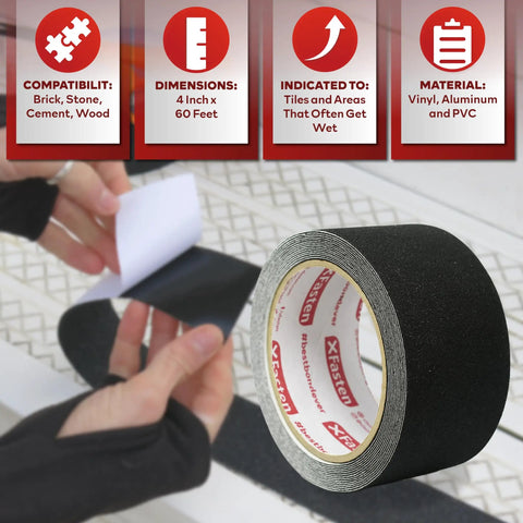 Anti Slip Stair Tape For Steps Black 4 Inch 60 Foot Durable Self Adhesive Non Slip Grip Tape roll and application details