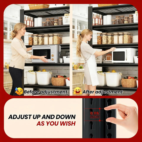 72 Inch Heavy Duty Garage Shelving Unit With Five Adjustable Tiers And 400 Lb Per Shelf Capacity, Built Tough Industrial Steel Storage Racks For Garage, Workshop, Basement, Warehouse, Or Kitchen, 16 Inch Deep By 35 Inch Wide By 72 Inch High, Black adjustable shelf detail in kitchen