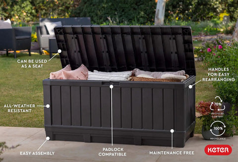 92 Gallon Resin Deck Box in dark gray for outdoor storage, lid open showing patio cushions, on a patio with text annotations.