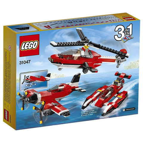 Creator 3 In 1 Propeller Plane Building Toy box showing plane, helicopter, and hydroplane builds against ocean backdrop