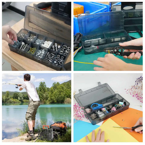 Clear Small Parts Organizer Box With 4 By 12 Compartments, Removable Dividers, ideal for DIY, home workshop, fishing, and crafts.