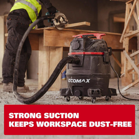 Dual-Mode Wet Dry Vacuum With Auto Tool Activation, 8 Gallon Workhorse in use, ensuring dust-free workspace in a woodshop.