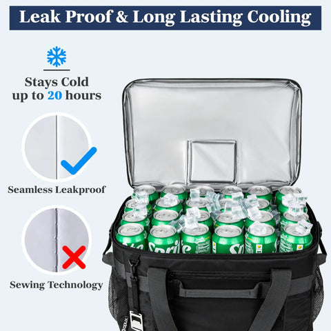 Epically Spacious Collapsible Soft Cooler Bag, 60 Can Leakproof Insulated Tote filled with cans, showcasing its leakproof design.