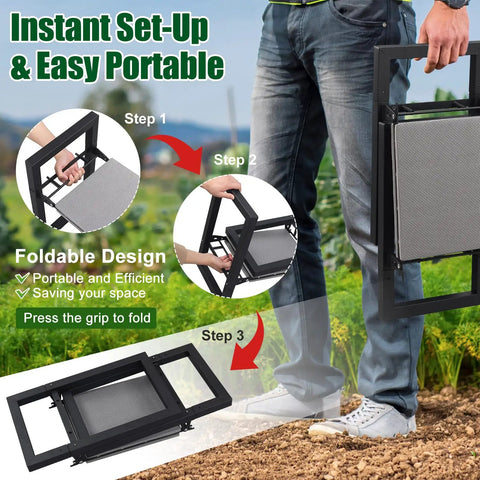 2 In 1 Garden Kneeler And Seat Foldable Stool demonstration of folding process by a person in garden setting