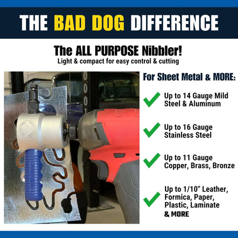 Drill Mounted Dual Head Nibbler Attachment With Steerable Heads cutting metal sheet, features for metal and more listed.