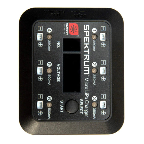 Top view of S63 Micro 6 Port LiPo Charger That Lets You Power Up 1S Packs From USB Or Wall Six Independent Outputs Digital LED Display