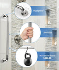 Infographic of 32 Inch Chrome Shower Grab Bar 1.25 Inch Diameter Stainless Steel Wall Safety Rail For Bathroom Balance And Support Ideal For Handicap Elderly Injury Prevention Rust Resistant Easy Install Bath Assist Handle showing features: rustproof, anti-slip, and 500 lbs capacity.