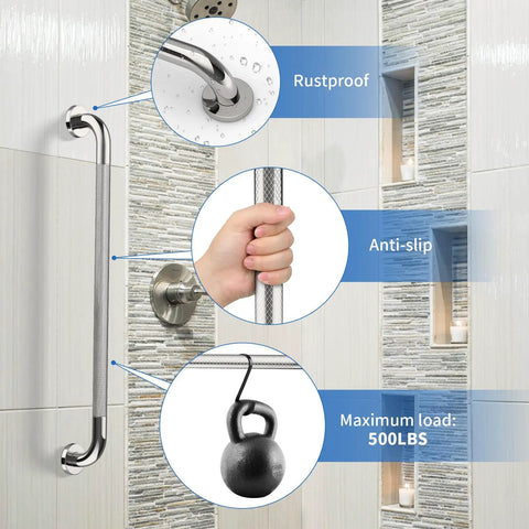 Infographic of 32 Inch Chrome Shower Grab Bar 1.25 Inch Diameter Stainless Steel Wall Safety Rail For Bathroom Balance And Support Ideal For Handicap Elderly Injury Prevention Rust Resistant Easy Install Bath Assist Handle showing features: rustproof, anti-slip, and 500 lbs capacity.