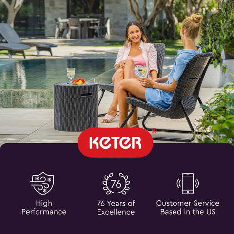 Two women sitting by a pool with Cool Side Table And Ice Chest Storage 3 In 1 Backyard Patio Table With Insulated 10.3 Gallon Ice Bucket