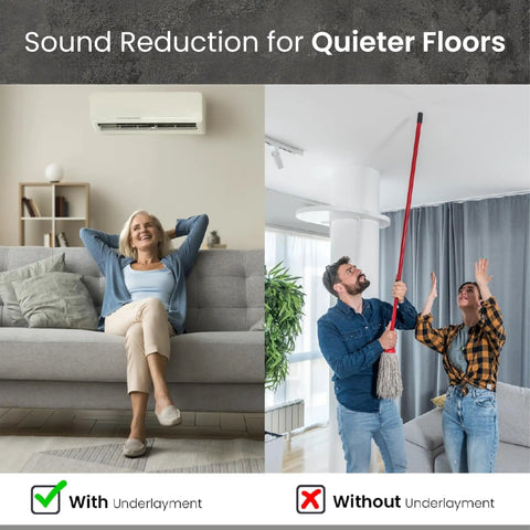 Comparison image showing benefits of Heavy Duty Three In One Floor Underlayment Roll for noise reduction in living spaces.