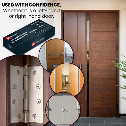 Heavy Duty 4.5 By 4.5 Inch Door Hinges 3 Pack Ball Bearing With Square Corners Brushed Nickel For Commercial And Residential Doors Built To Last Tough As Nails Steel Construction, installed on a wood door