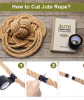 Heavy Duty Half Inch Jute Rope 25 Feet For DIY Cat Scratching Posts Hammocks Nautical Decor And Home Projects Tight Four Strand Twist Strong 880 Lb Working Load - cutting process with tape and scissors.