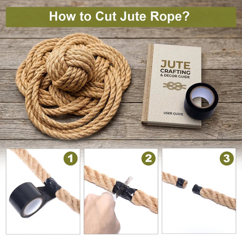 Heavy Duty Half Inch Jute Rope 25 Feet For DIY Cat Scratching Posts Hammocks Nautical Decor And Home Projects Tight Four Strand Twist Strong 880 Lb Working Load - cutting process with tape and scissors.