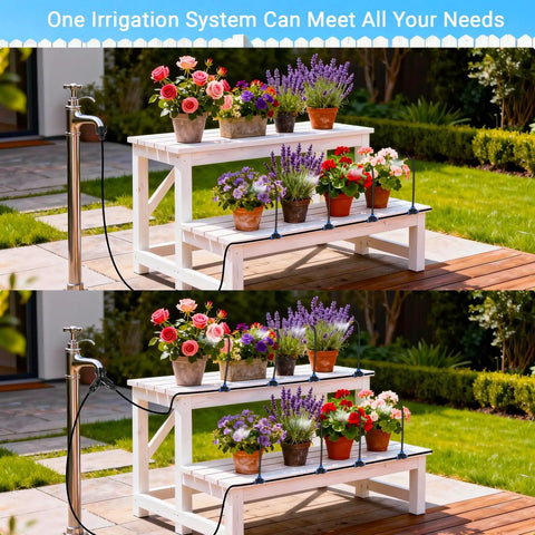 100Ft 360 Degree Adjustable Garden Irrigation System with 18 Nozzles watering potted plants on white benches outdoors
